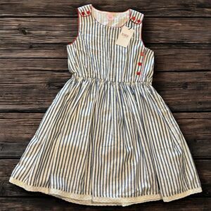 Camille & Leah Girls Dress Size 12Y Blue White Striped Cotton Lace Hem NWT